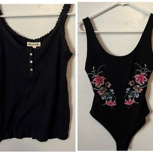 Lot of 2- Forever 21 Embroidered Black Bodysuit and Sky and Sand" ribbed tank